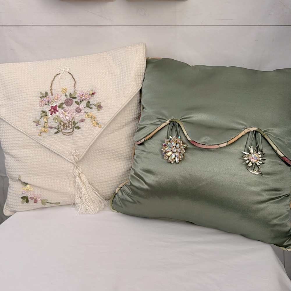 Two Unique Accent Pillows Aurora borealis Brooches & Ribbon Embroidery accents